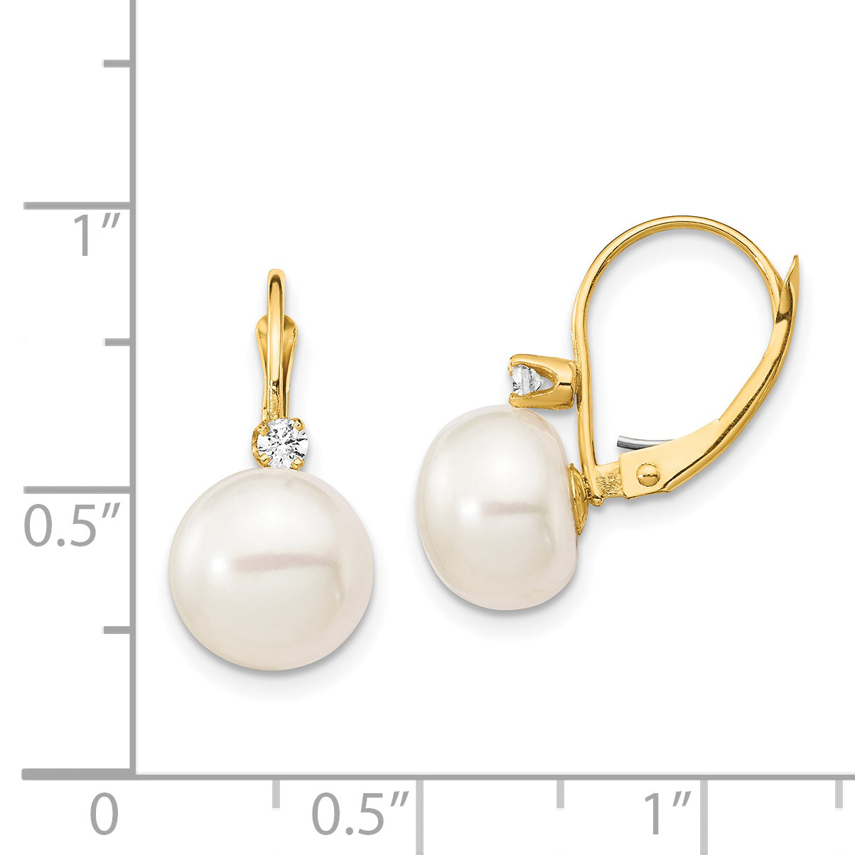 14K 10-11mm White Button FWC Pearl .10ct Diamond Leverback Earrings
