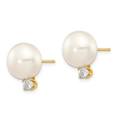 14k 10-11mm White Button FW Cultured Pearl .2ct Diamond Post Earrings