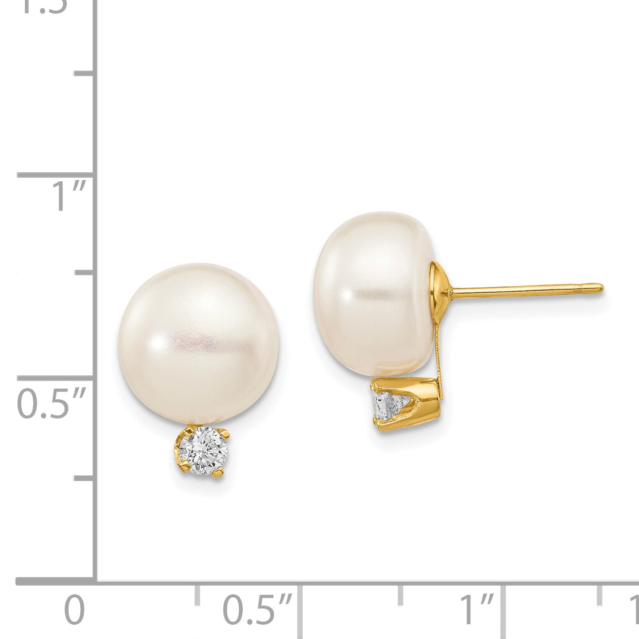 14k 10-11mm White Button FW Cultured Pearl .2ct Diamond Post Earrings