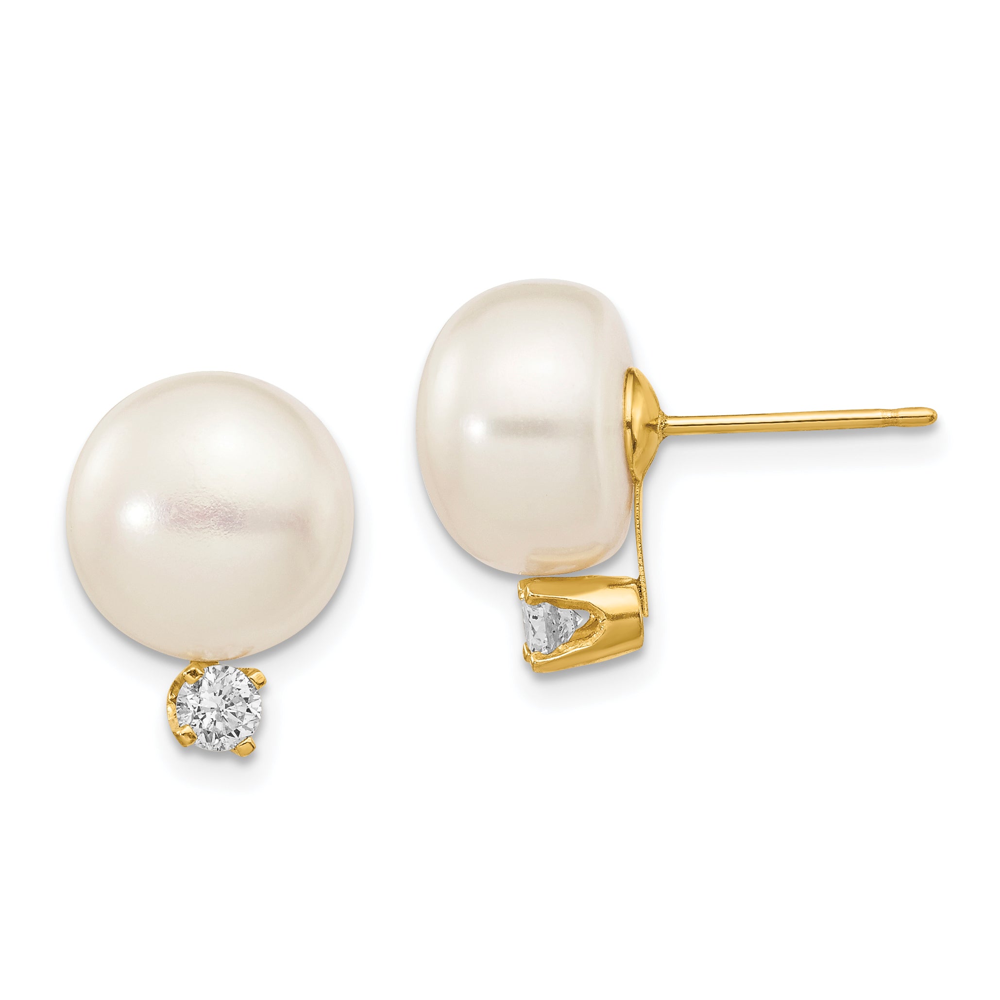 14k 10-11mm White Button FW Cultured Pearl .2ct Diamond Post Earrings Main image