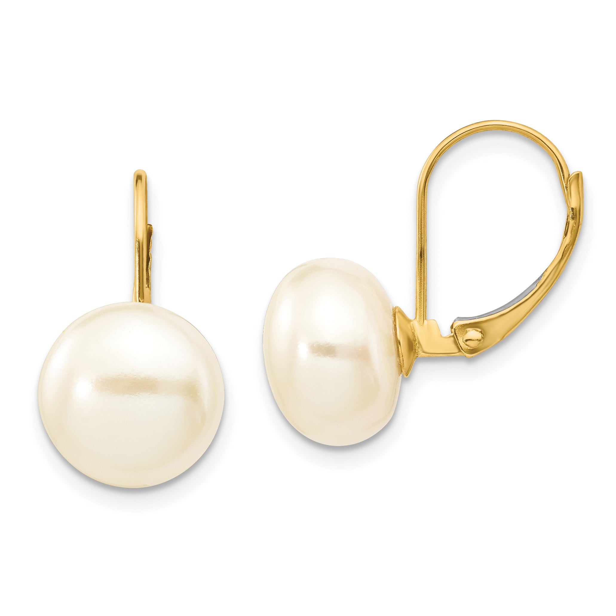 14K 10-11mm White Button Freshwater Cultured Pearl Leverback Earrings