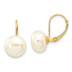 14K 10-11mm White Button Freshwater Cultured Pearl Leverback Earrings