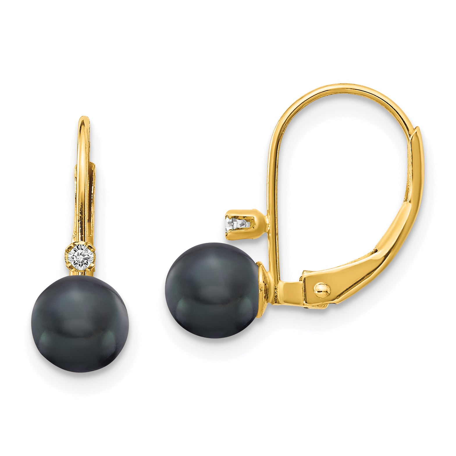 14k 5-6mm Black FW Cultured Pearl AA Diamond Leverback Earrings