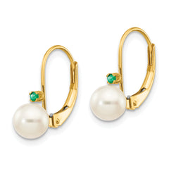 14k 5-5.5mm White Round FW Cultured Pearl Emerald Leverback Earrings