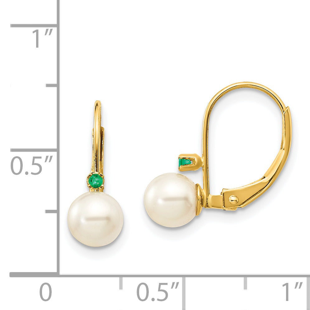 14k 5-5.5mm White Round FW Cultured Pearl Emerald Leverback Earrings