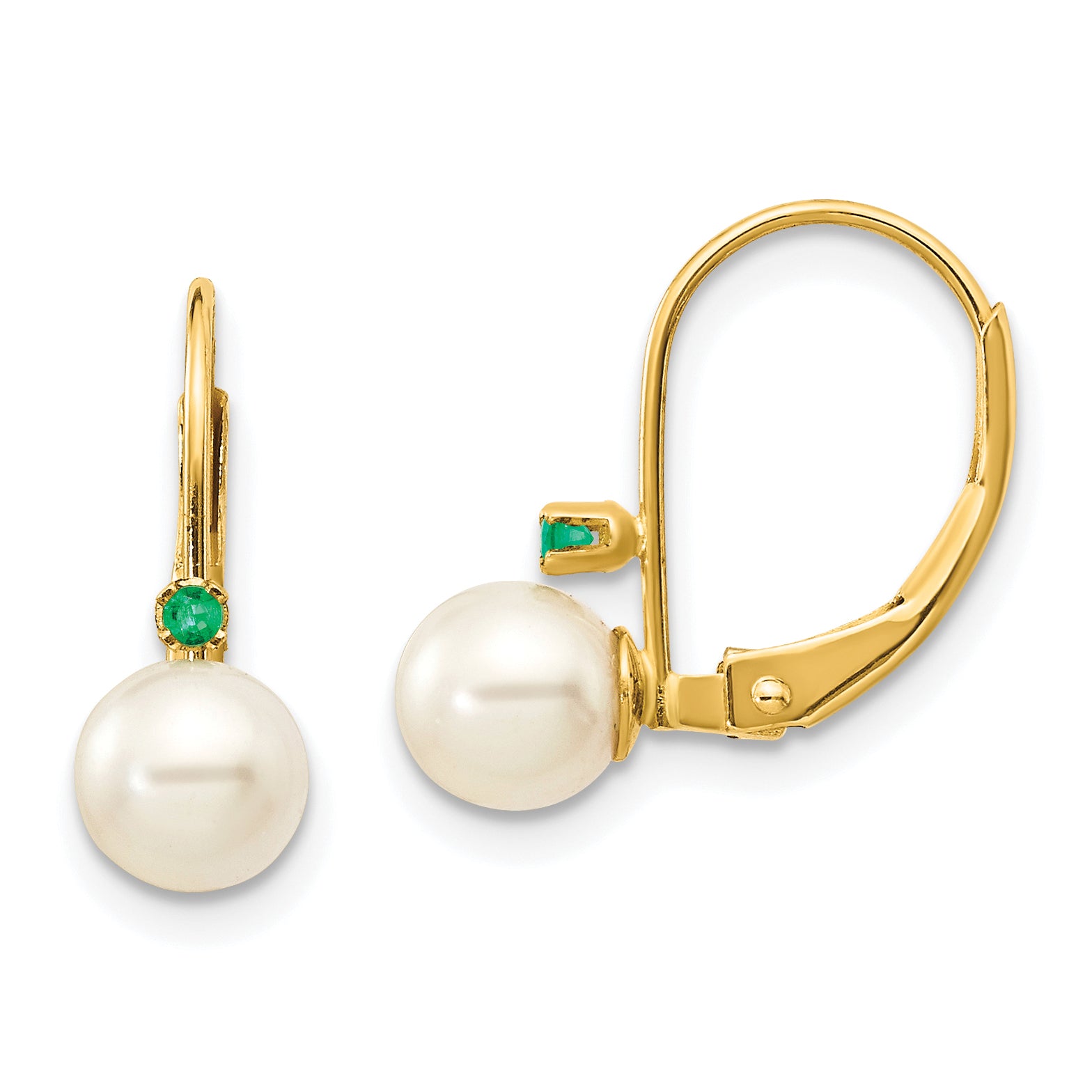 14k 5-5.5mm White Round FW Cultured Pearl Emerald Leverback Earrings Main image