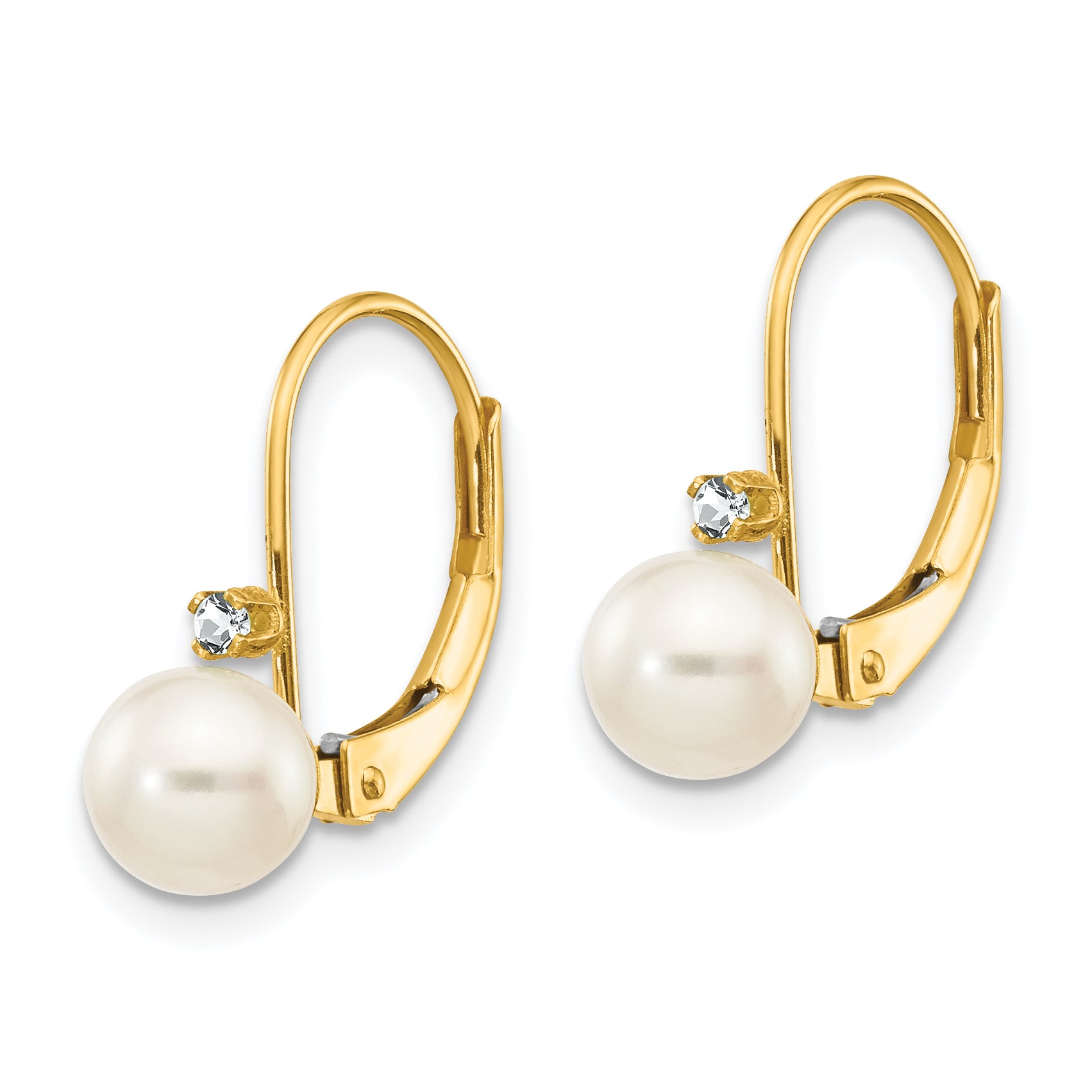 14k 5-6mm White Round FW Cultured Pearl AA Diamond Leverback Earrings Secondary image