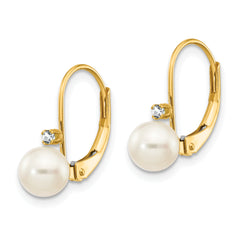 14k 5-6mm White Round FW Cultured Pearl AA Diamond Leverback Earrings