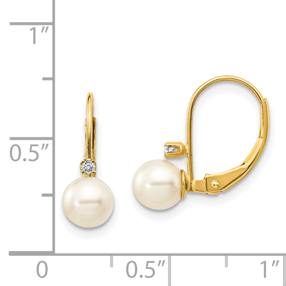 14k 5-6mm White Round FW Cultured Pearl AA Diamond Leverback Earrings