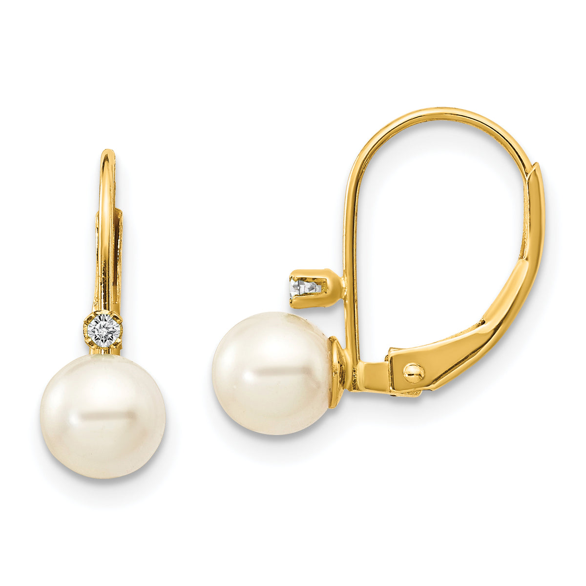 14k 5-6mm White Round FW Cultured Pearl AA Diamond Leverback Earrings