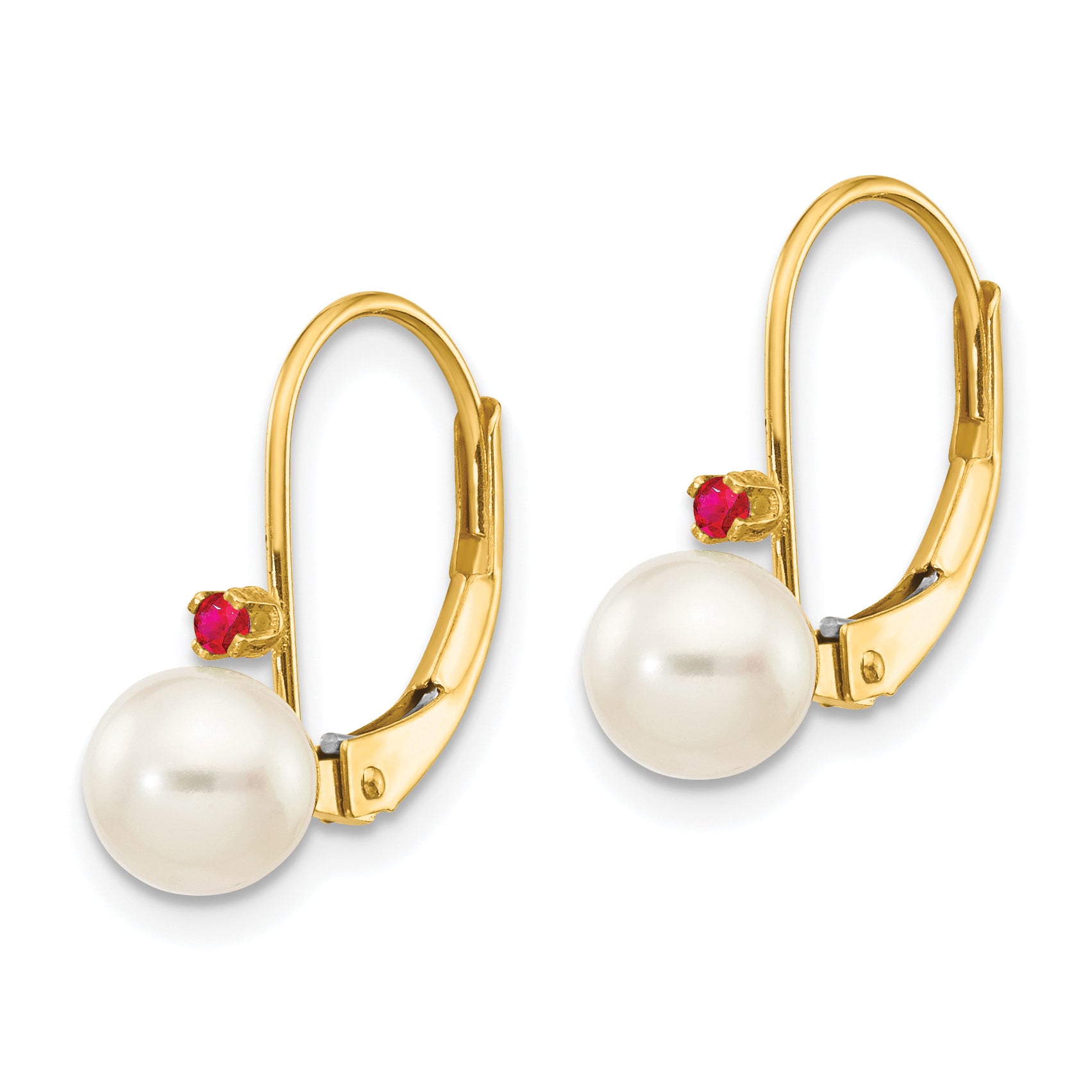 14k 5-5.5mm White Round FW Cultured Pearl Ruby Leverback Earrings Secondary image