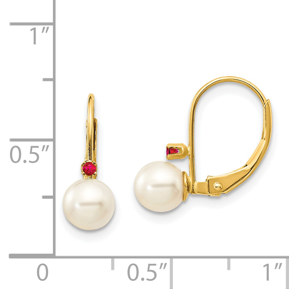 14k 5-5.5mm White Round FW Cultured Pearl Ruby Leverback Earrings