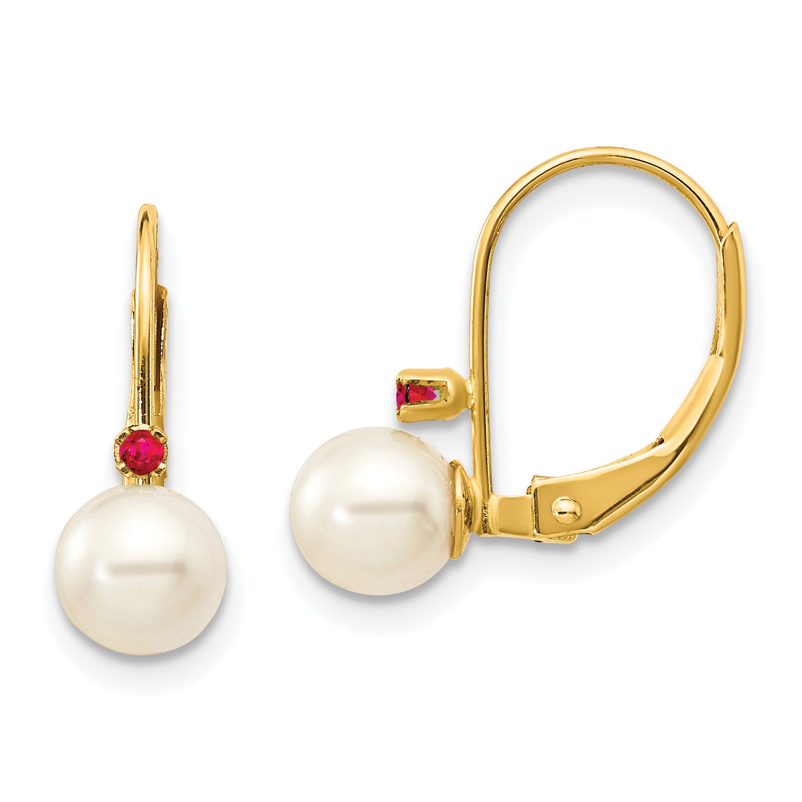 14k 5-5.5mm White Round FW Cultured Pearl Ruby Leverback Earrings Main image