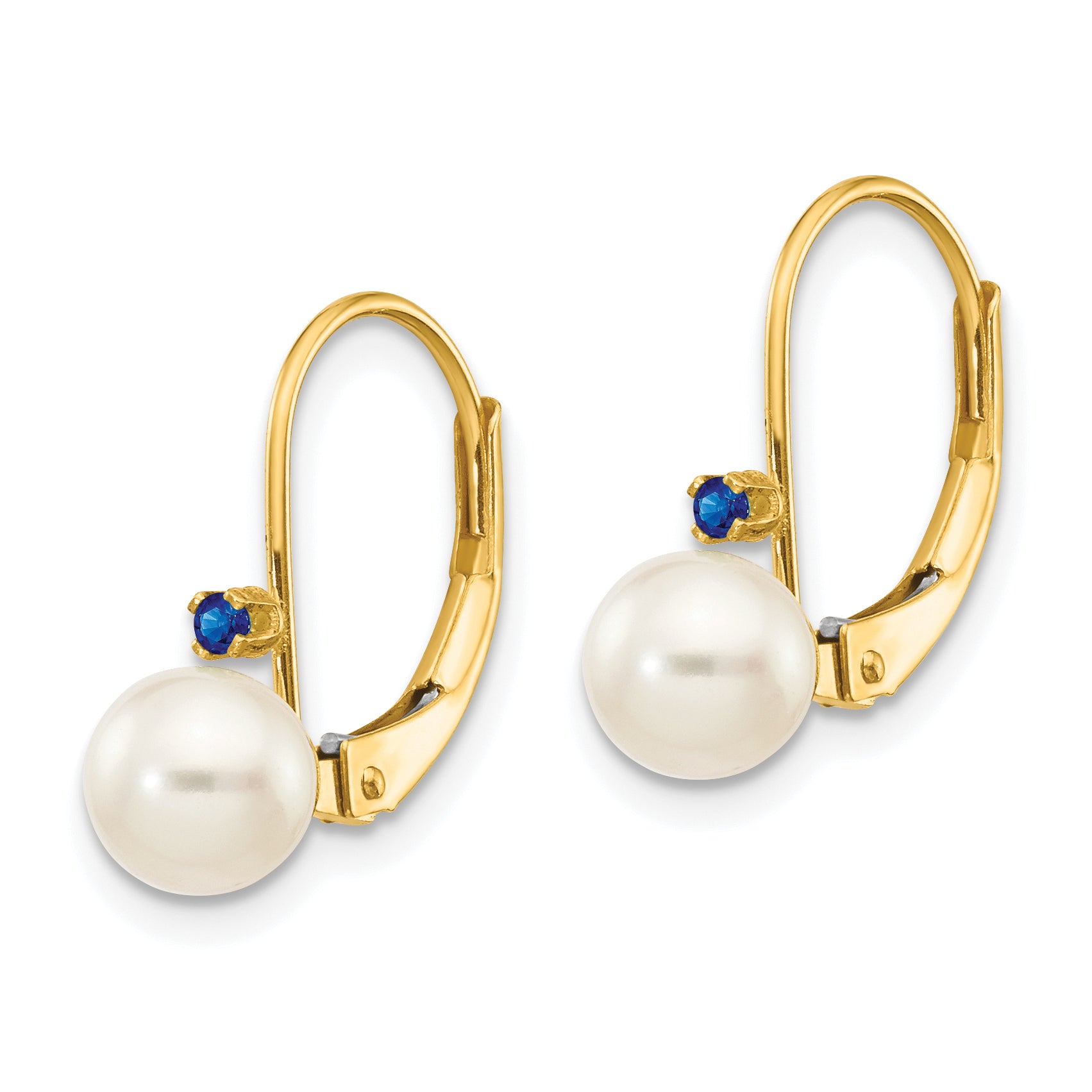 14k 5-5.5mm White Round FW Cultured Pearl Sapphire Leverback Earrings Secondary image