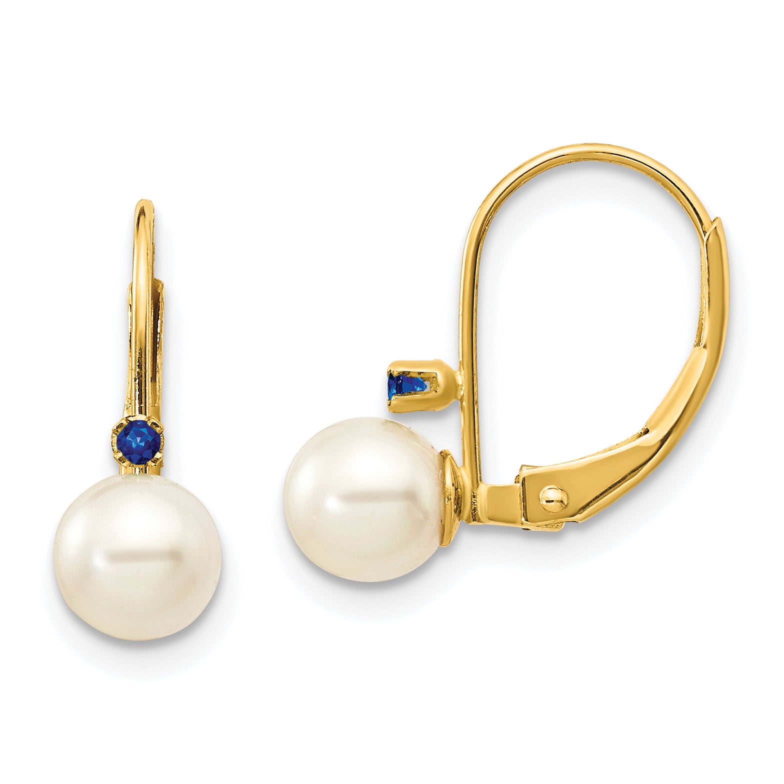14k 5-5.5mm White Round FW Cultured Pearl Sapphire Leverback Earrings Main image