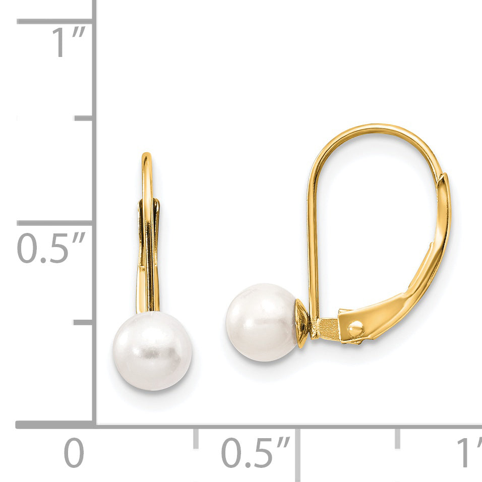 14k 5-6mm White Round Freshwater Cultured Pearl Leverback Earrings