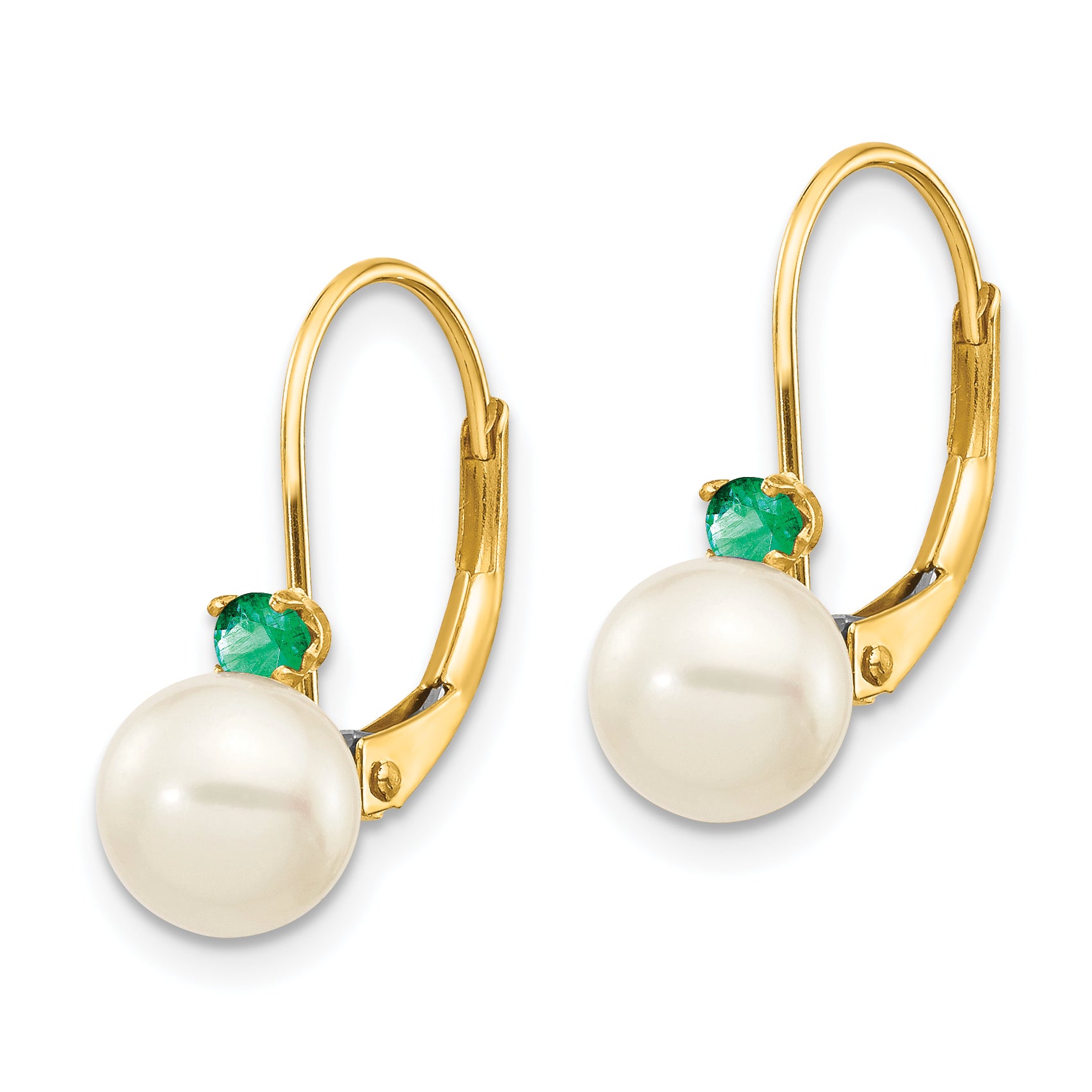 14k 6-6.5mm White Round FW Cultured Pearl Emerald Leverback Earrings Secondary image