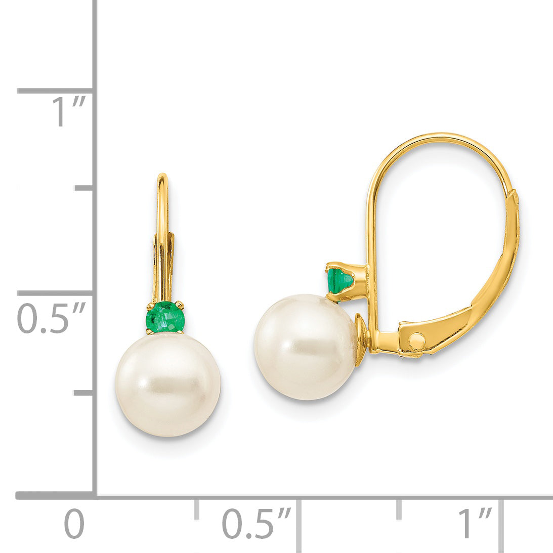 14k 6-6.5mm White Round FW Cultured Pearl Emerald Leverback Earrings