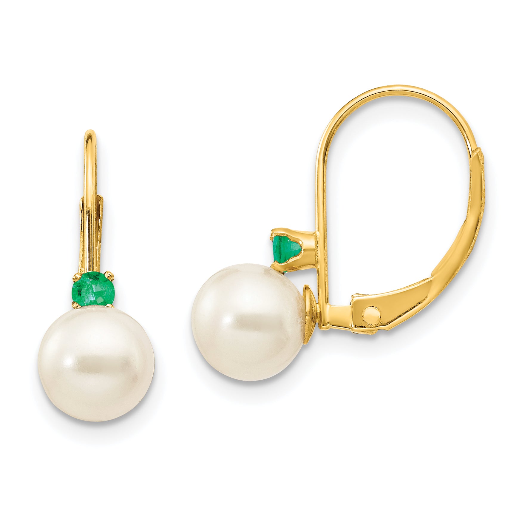 14k 6-6.5mm White Round FW Cultured Pearl Emerald Leverback Earrings