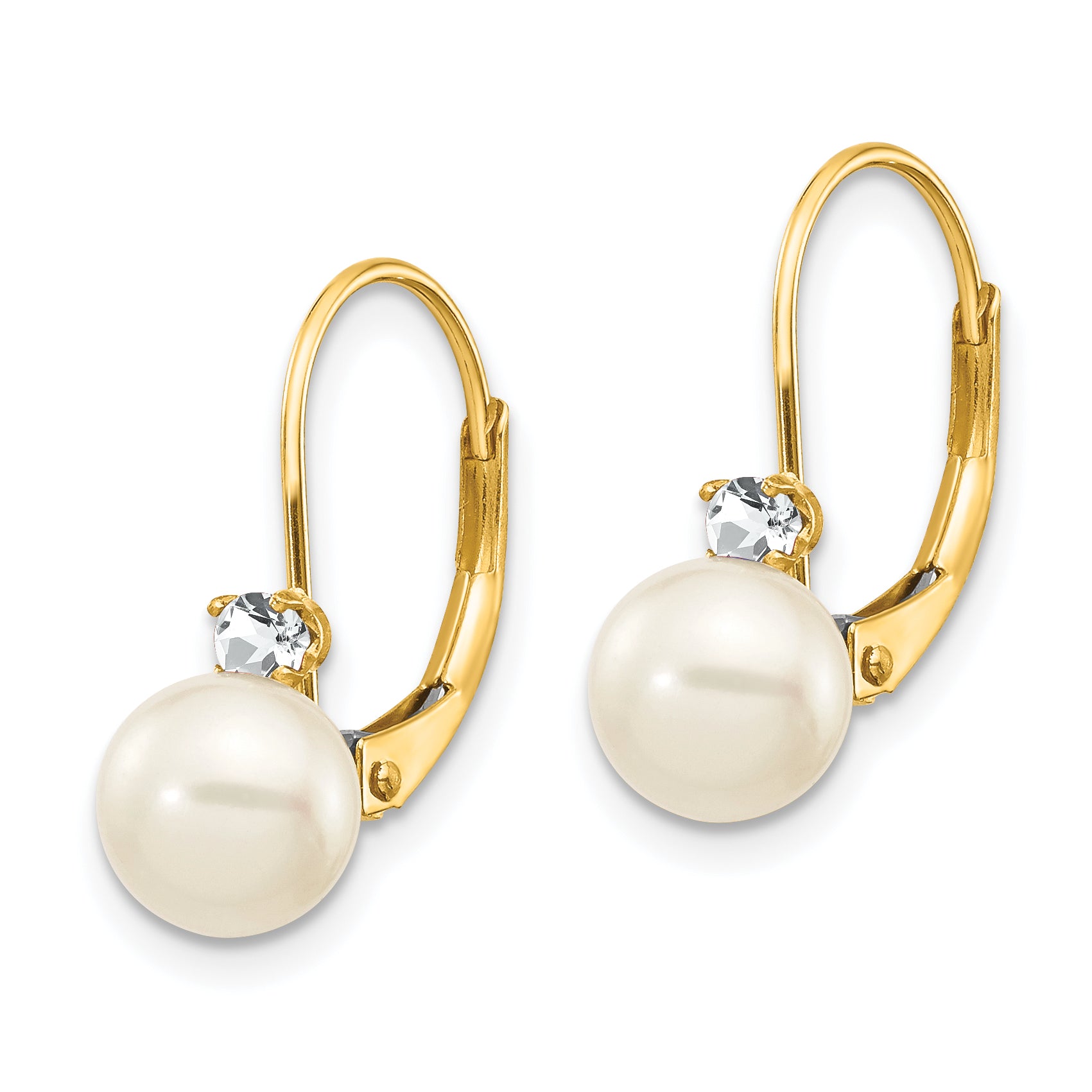 14k 6-7mm White Round FW Cultured Pearl AA Diamond Leverback Earrings Secondary image