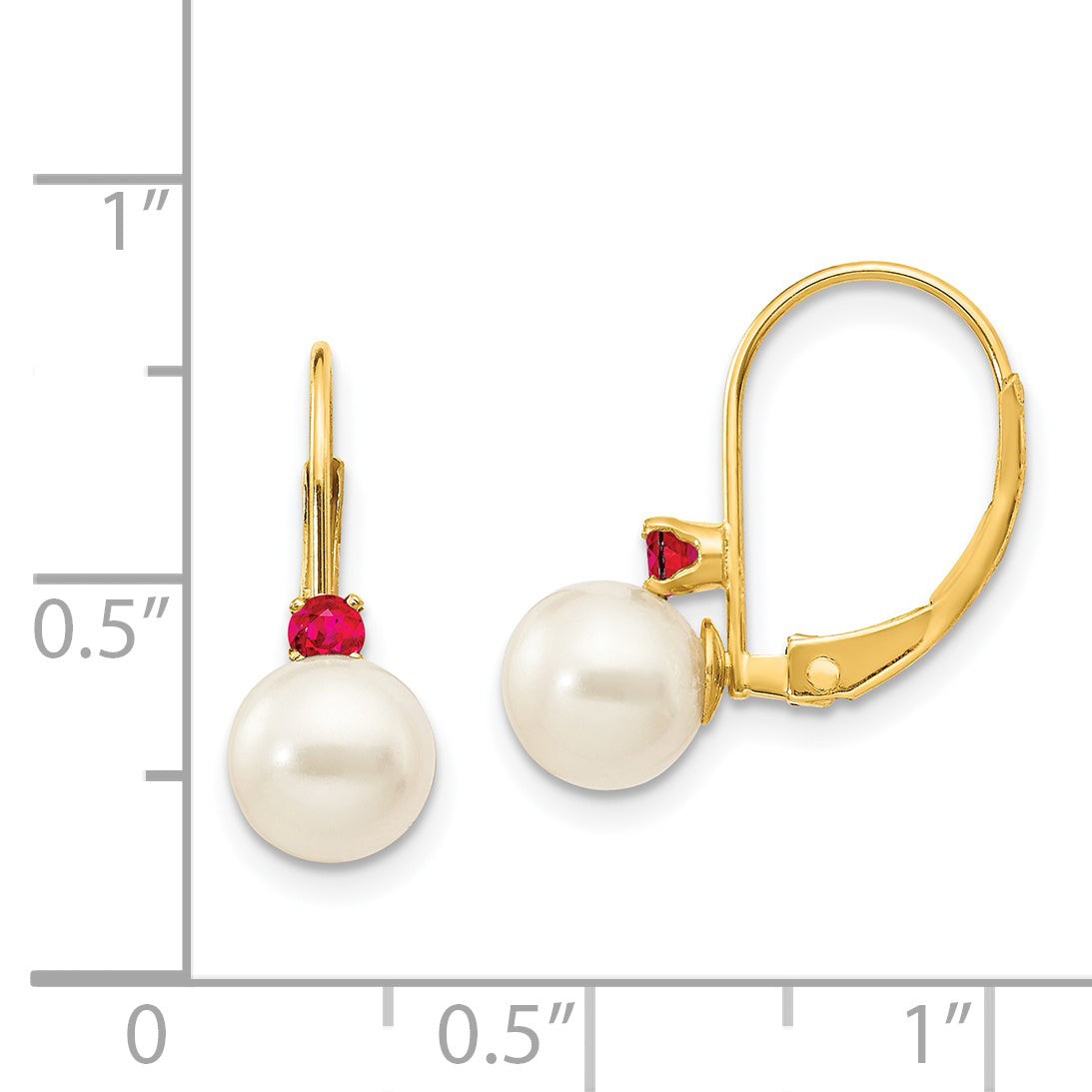 14k 6-6.5mm White Round FW Cultured Pearl Ruby Leverback Earrings