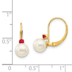 14k 6-6.5mm White Round FW Cultured Pearl Ruby Leverback Earrings