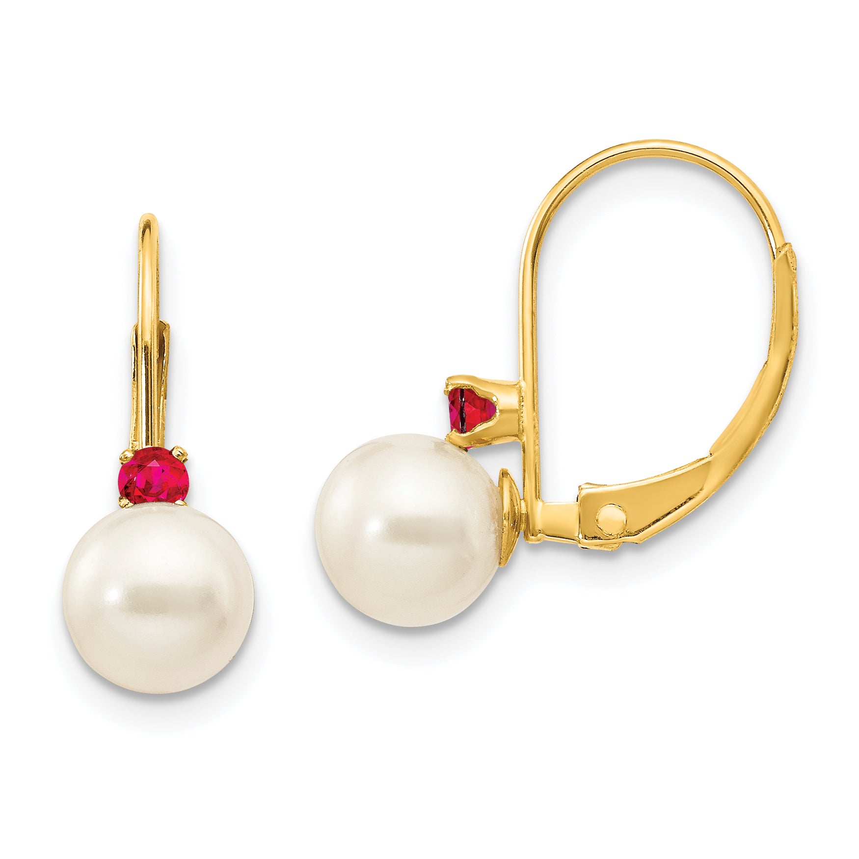 14k 6-6.5mm White Round FW Cultured Pearl Ruby Leverback Earrings Main image