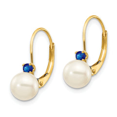 14k 6-6.5mm White Round FW Cultured Pearl Sapphire Leverback Earrings