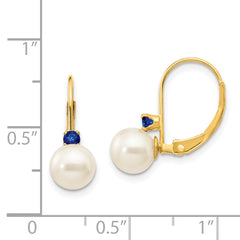 14k 6-6.5mm White Round FW Cultured Pearl Sapphire Leverback Earrings