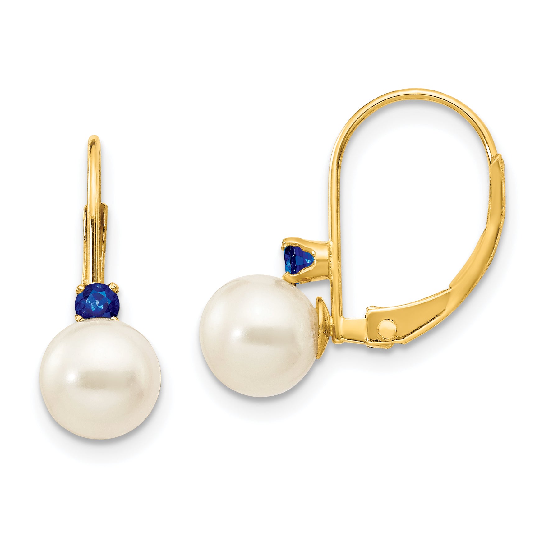 14k 6-6.5mm White Round FW Cultured Pearl Sapphire Leverback Earrings Main image