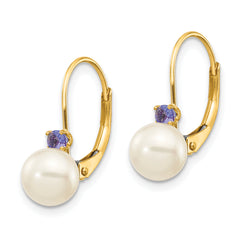 14k 6-6.5mm White Round FW Cultured Pearl Tanzanite Leverback Earrings