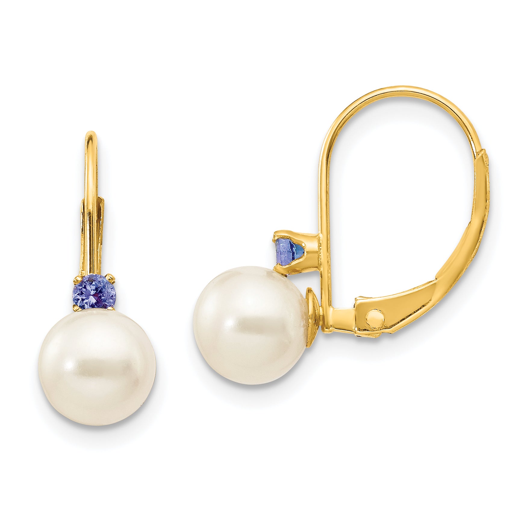 14k 6-6.5mm White Round FW Cultured Pearl Tanzanite Leverback Earrings Main image