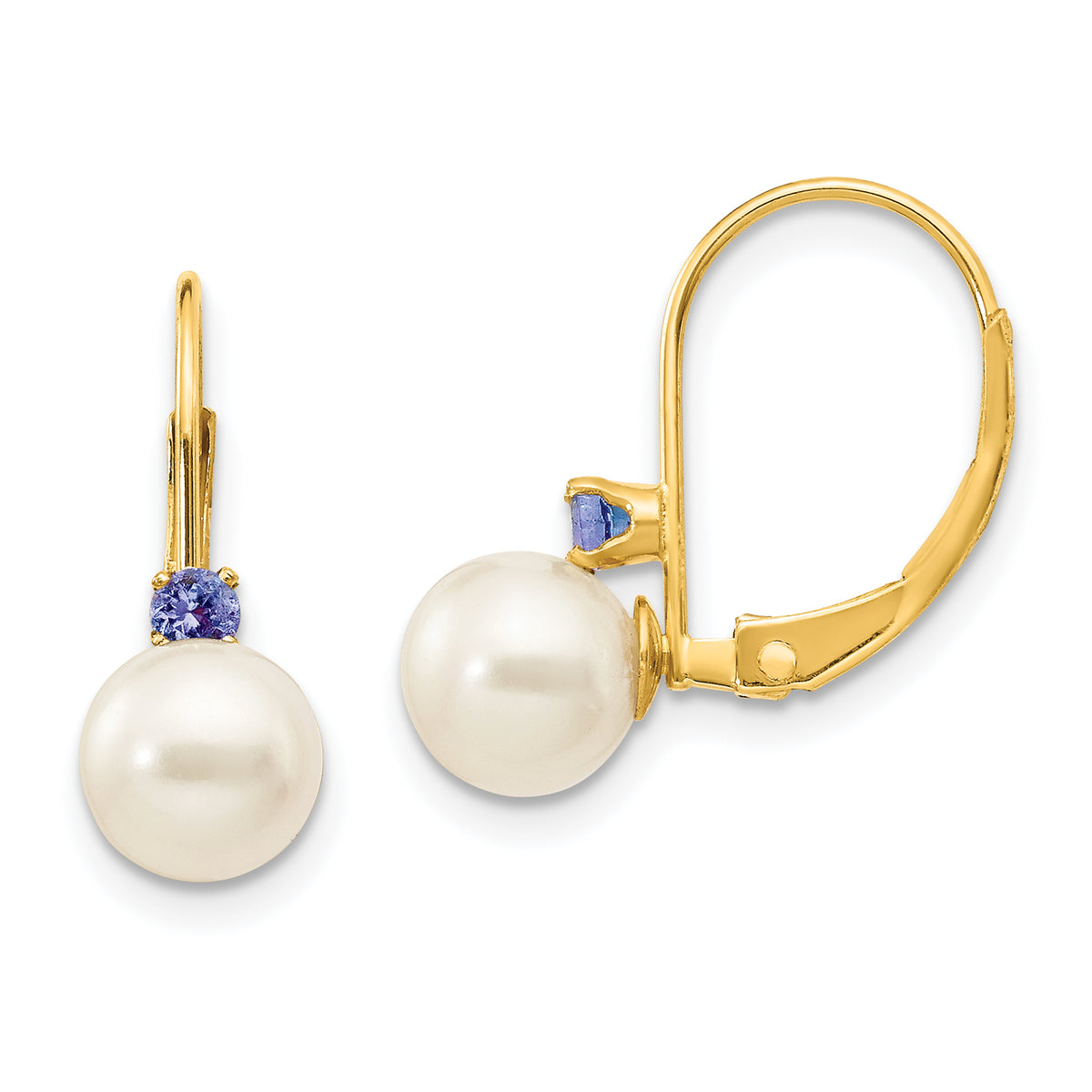 14k 6-6.5mm White Round FW Cultured Pearl Tanzanite Leverback Earrings