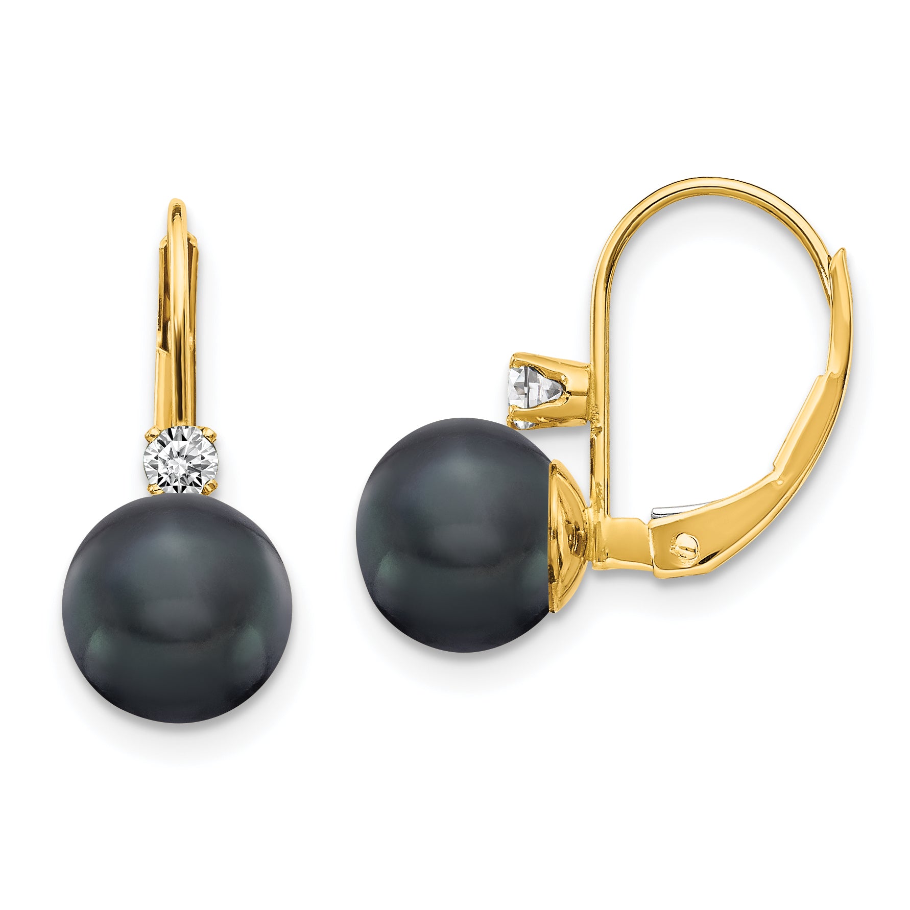 14k 7-8mm Black FW Cultured Pearl AA Diamond Leverback Earrings Main image
