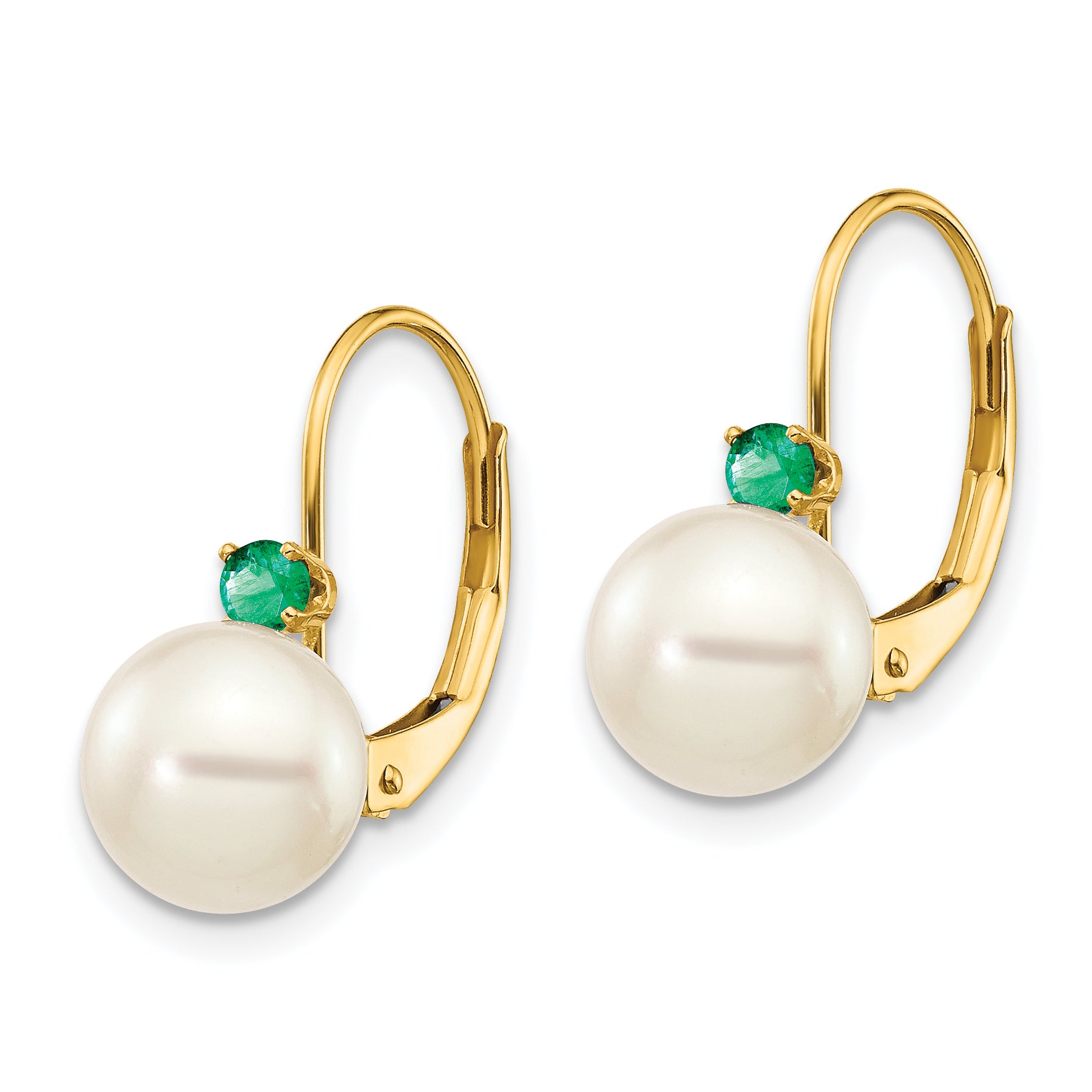 14k 7-7.5mm White Round FW Cultured Pearl Emerald Leverback Earrings