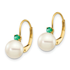 14k 7-7.5mm White Round FW Cultured Pearl Emerald Leverback Earrings