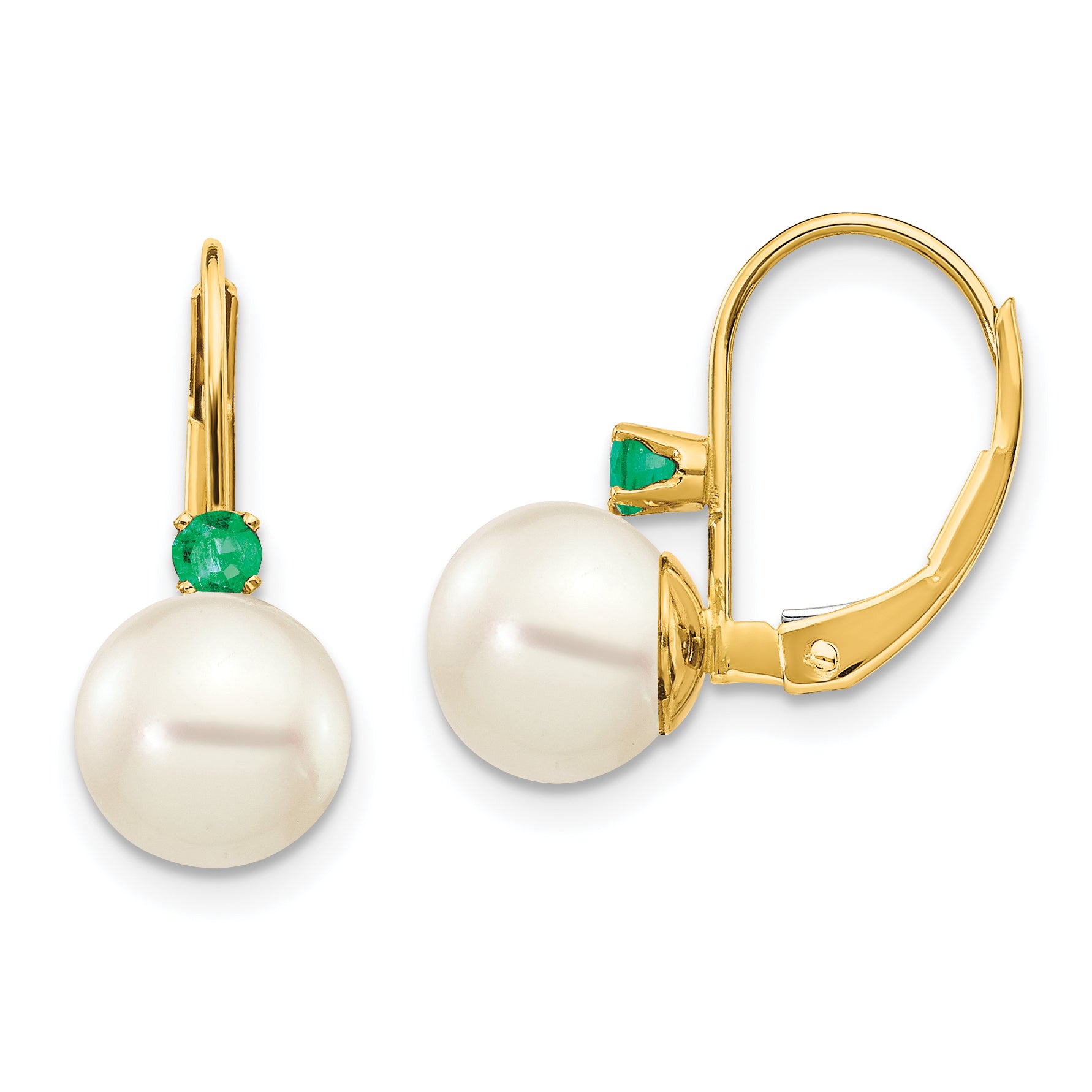 14k 7-7.5mm White Round FW Cultured Pearl Emerald Leverback Earrings Main image