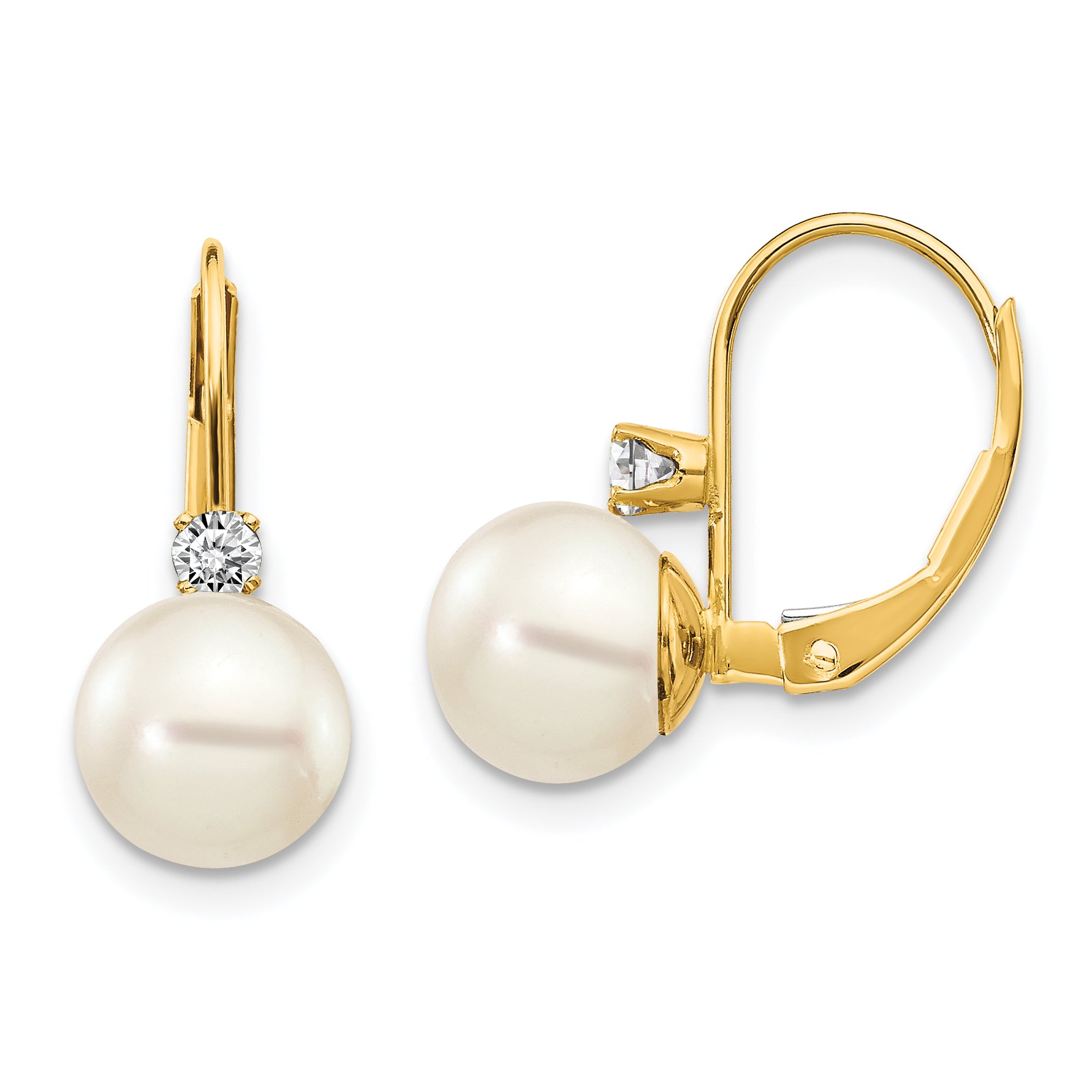 14k 7-8mm Whtie Round FW Cultured Pearl AA Diamond Leverback Earrings Main image