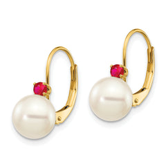 14k 7-7.5mm White Round FW Cultured Pearl Ruby Leverback Earrings