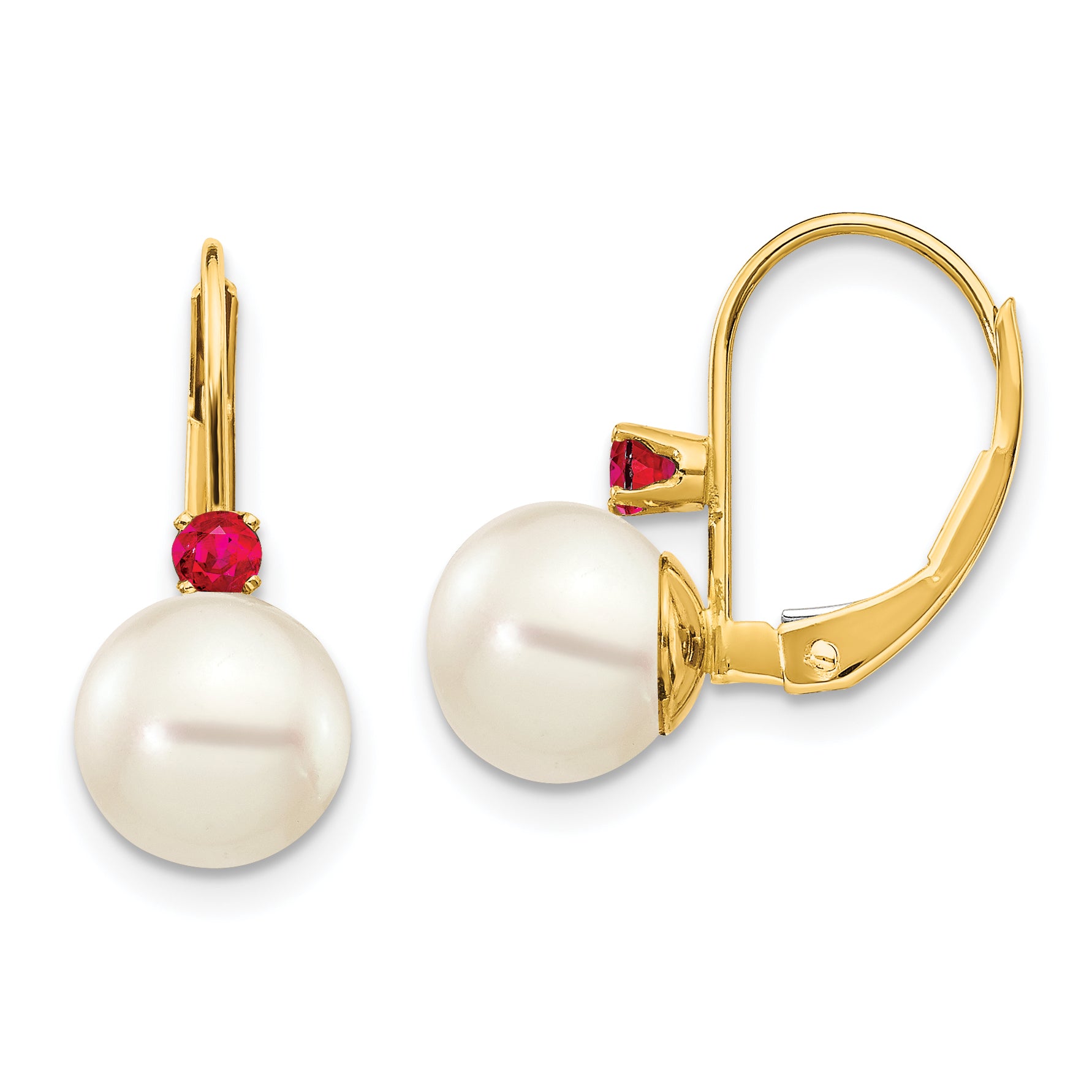 14k 7-7.5mm White Round FW Cultured Pearl Ruby Leverback Earrings Main image