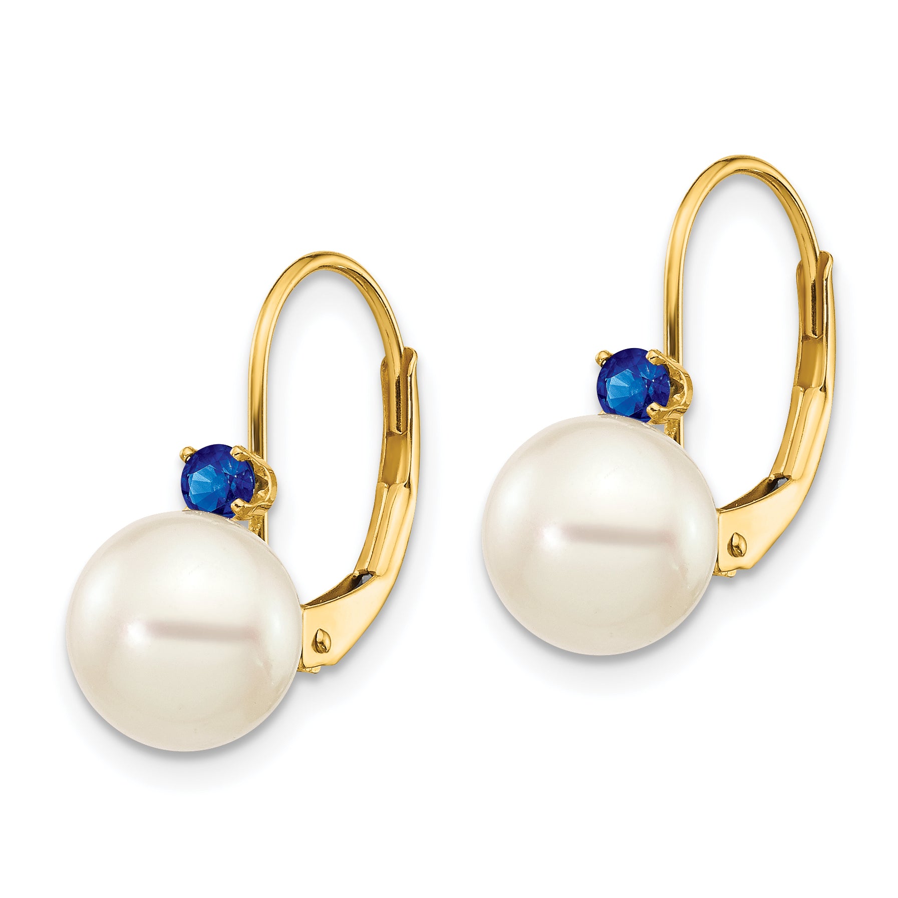 14k 7-7.5mm White Round FW Cultured Pearl Sapphire Leverback Earrings