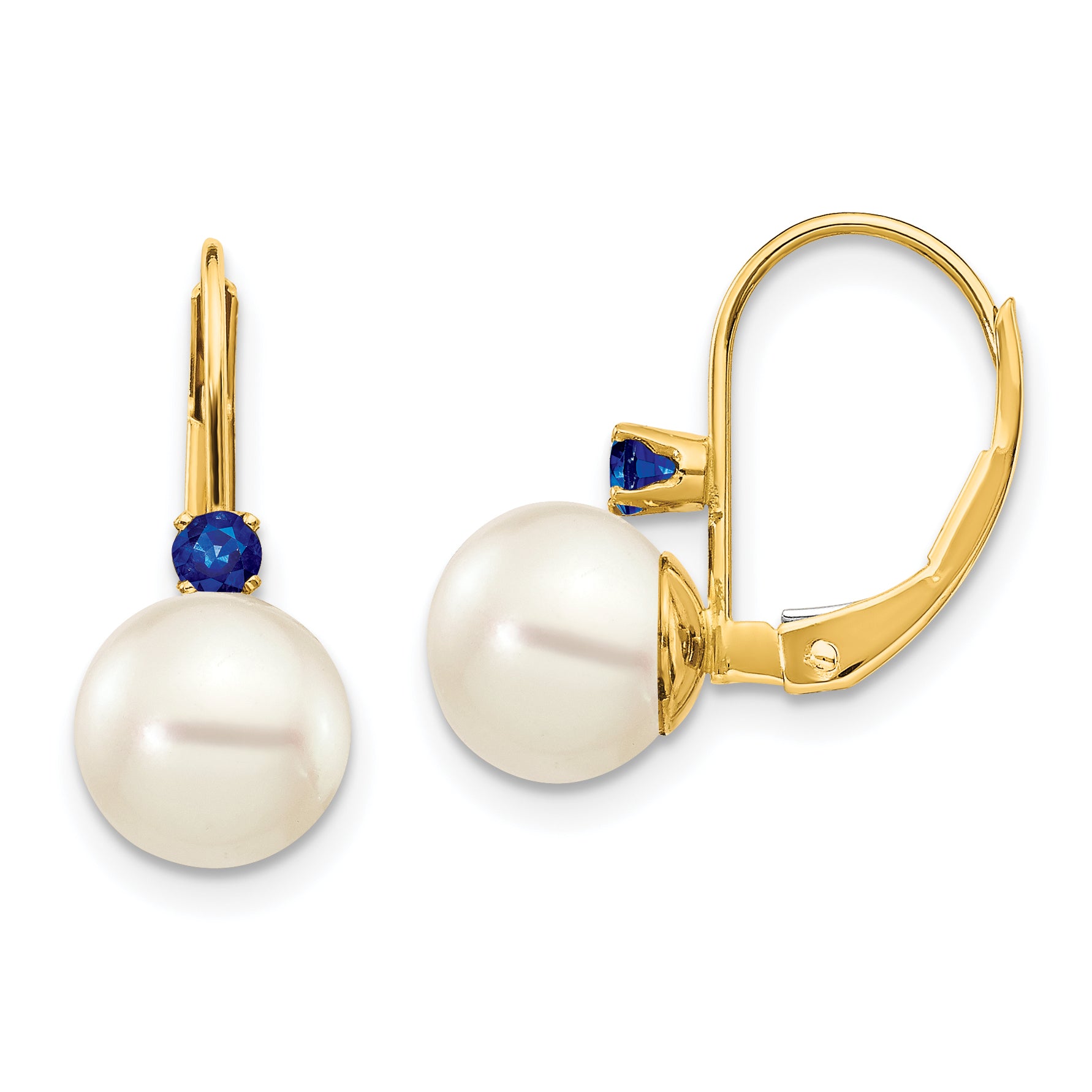 14k 7-7.5mm White Round FW Cultured Pearl Sapphire Leverback Earrings Main image