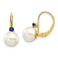 14k 7-7.5mm White Round FW Cultured Pearl Sapphire Leverback Earrings