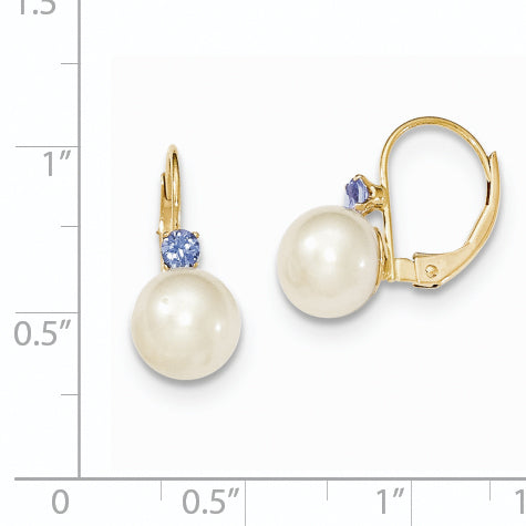 14k 7-7.5mm White Round FW Cultured Pearl Tanzanite Leverback Earrings