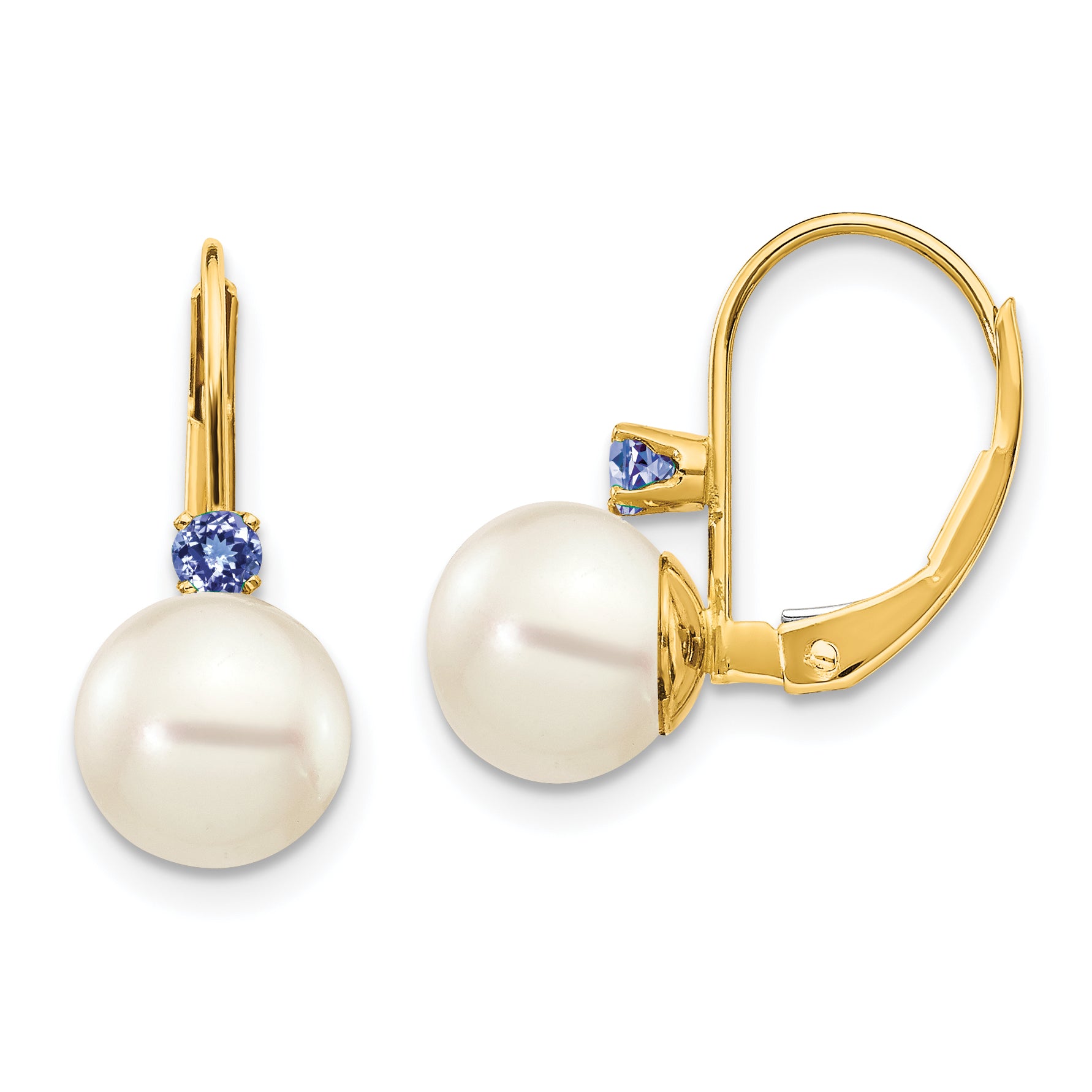 14k 7-7.5mm White Round FW Cultured Pearl Tanzanite Leverback Earrings