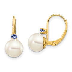 14k 7-7.5mm White Round FW Cultured Pearl Tanzanite Leverback Earrings