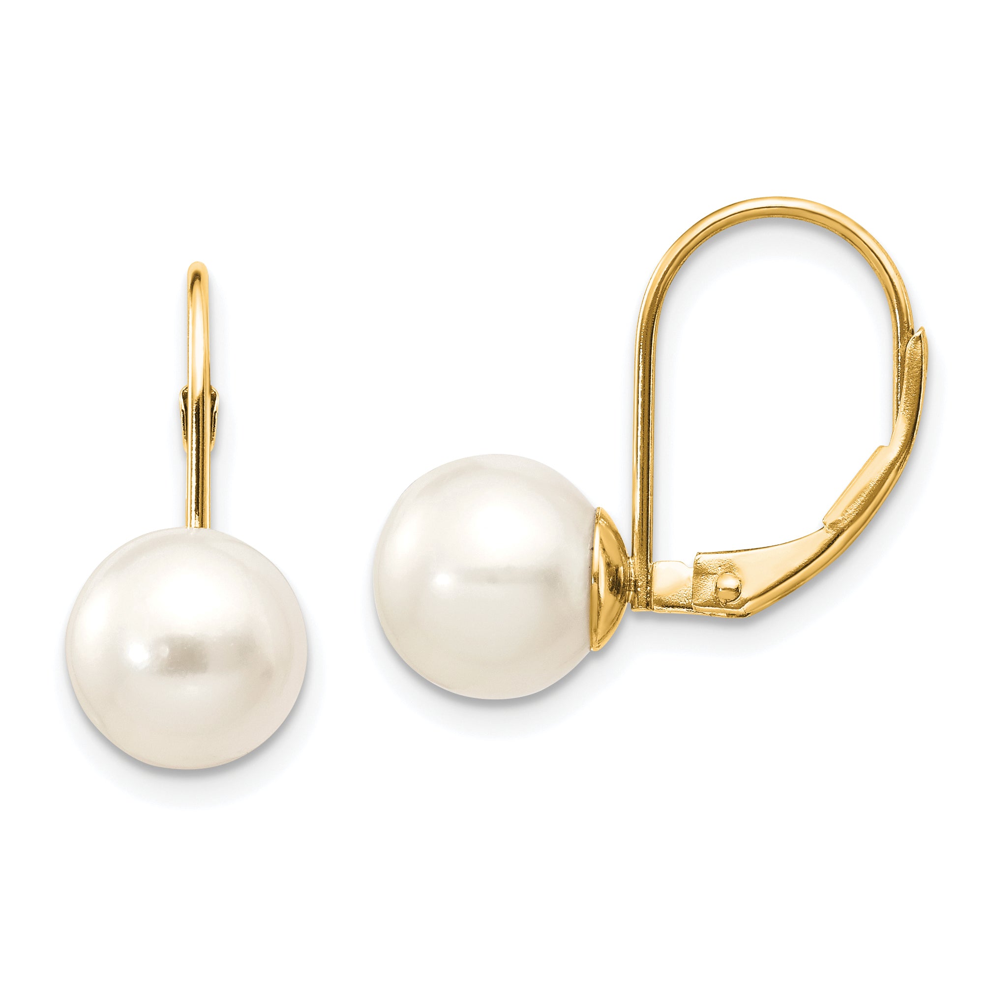 14k 8-9mm White Round Freshwater Cultured Pearl Leverback Earrings Main image