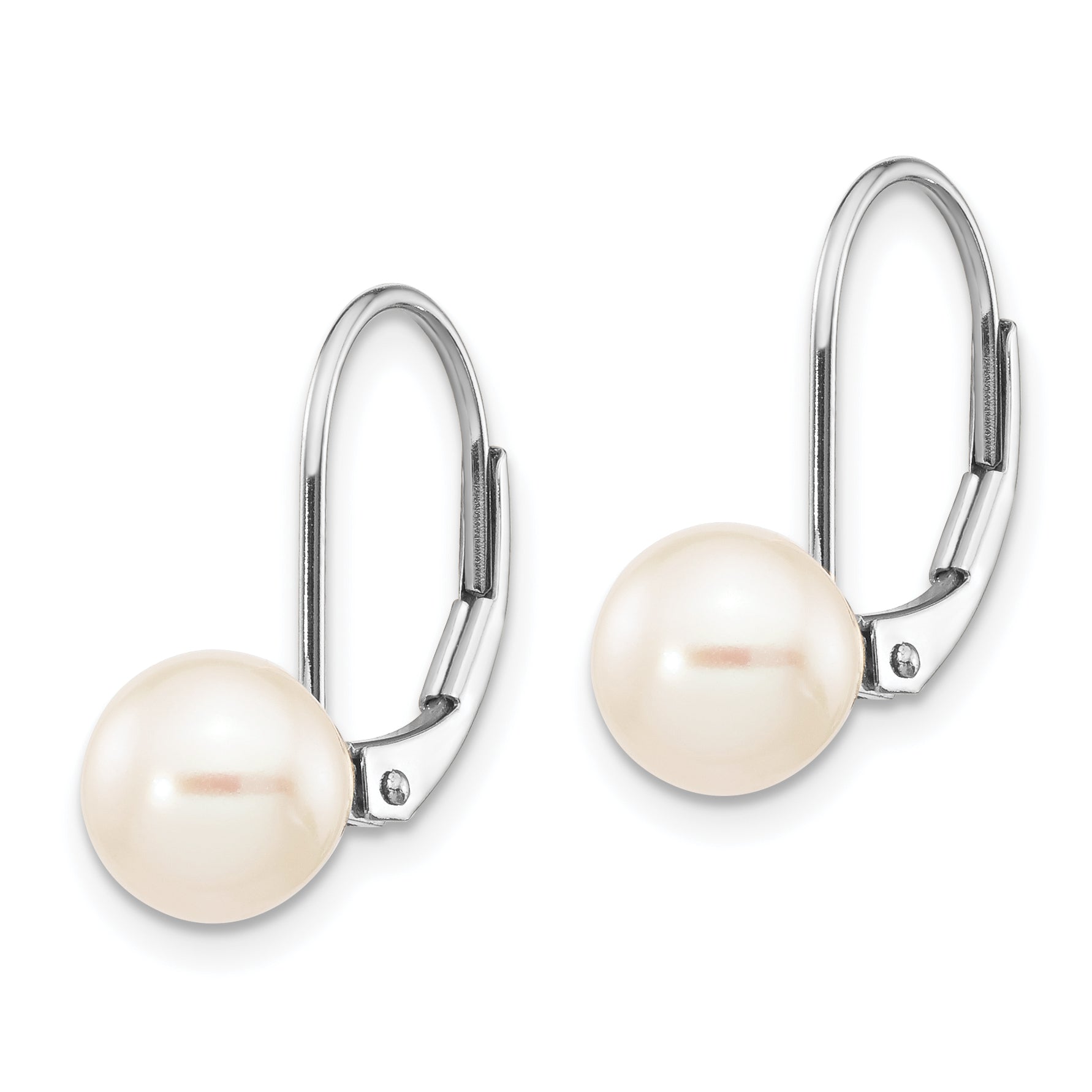 14k White Gold 7-8mm Round Freshwater Cultured Pearl Leverback Earrings Secondary image