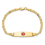 14K Medical Soft Diamond Shape Red Enamel Anchor Link Child ID Bracelet