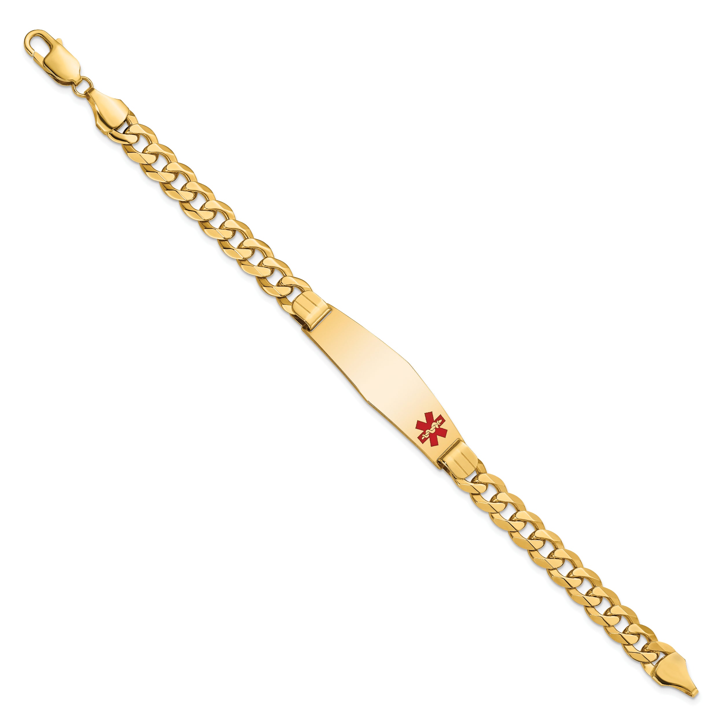 14K Medical Soft Diamond Shape Red Enamel Flat Curb Link ID Bracelet